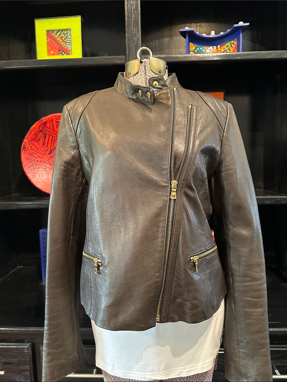 Ann Taylor Soft Black Leather Moto Jacket with Asymmetrical Zip